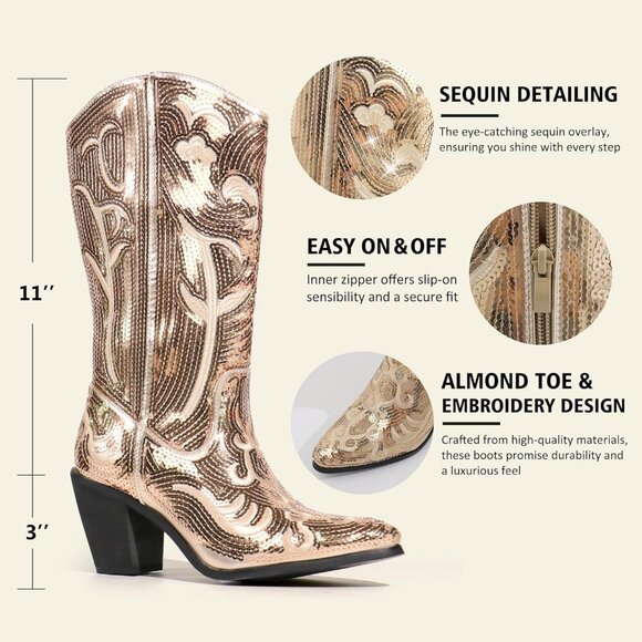 Women's Sequin Gold Fashion Western Zipper Pointed Toe Embroidered Boots - Picture 5 of 6